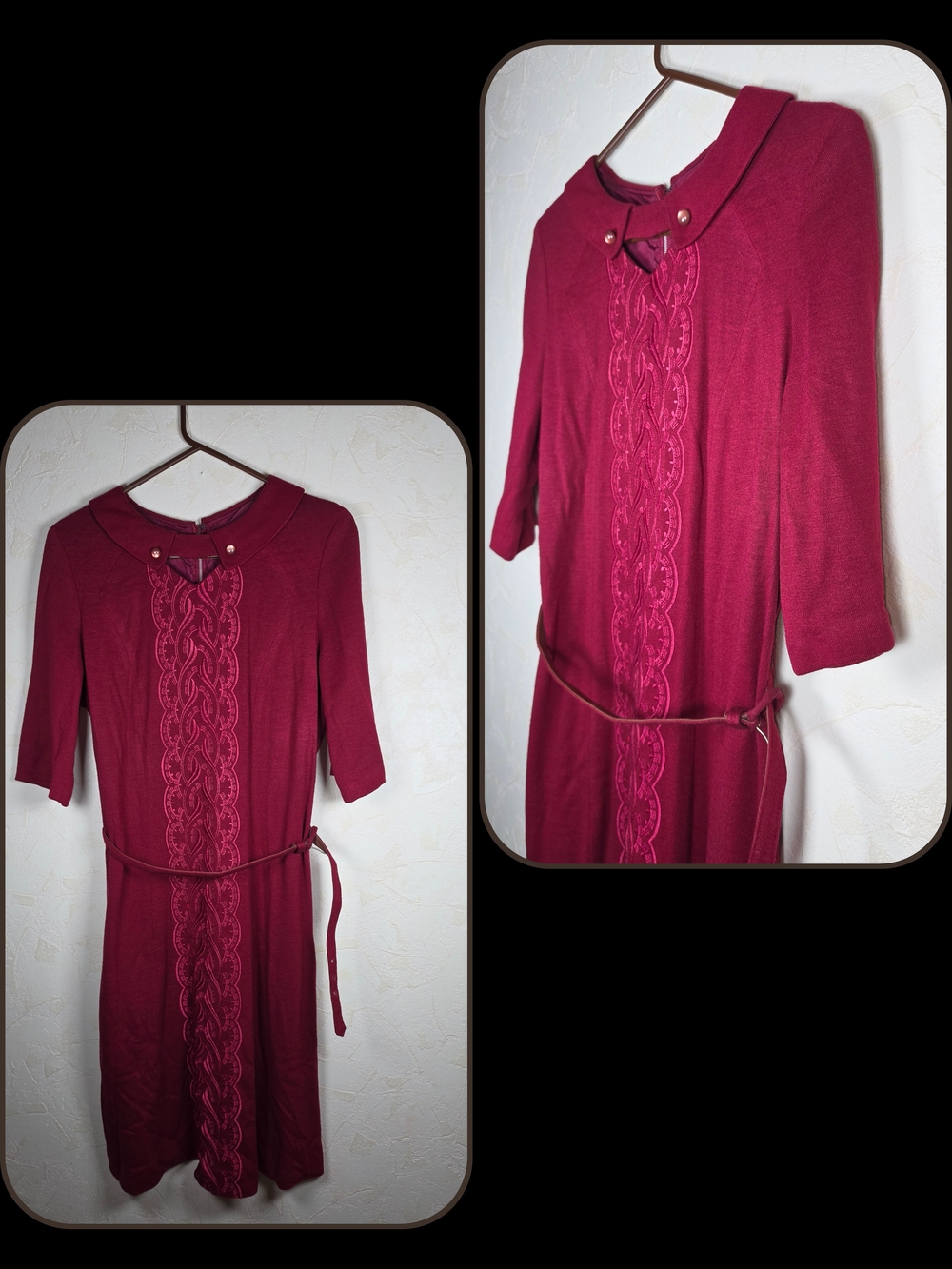 Women's Burgundy Knit Dress with Lace Panel